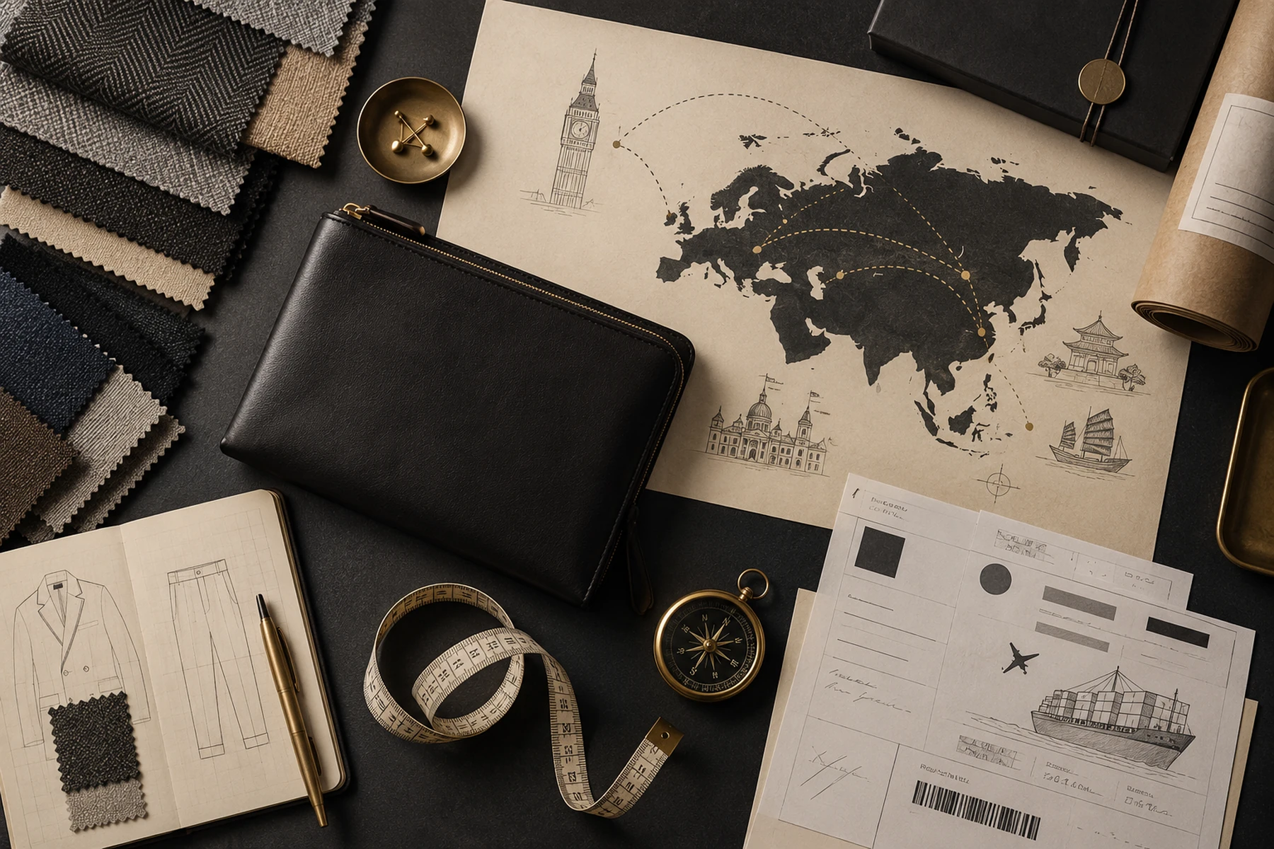 Fashion sourcing materials and shipping documents arranged on an international trading desk