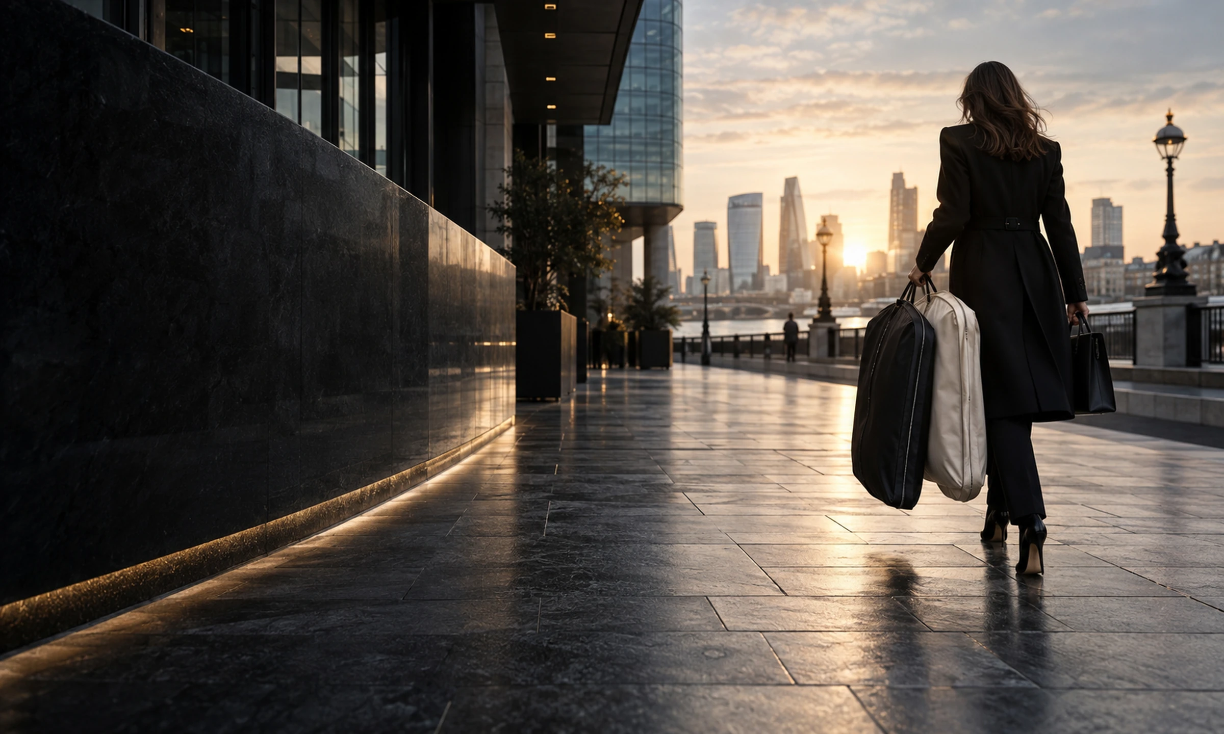 Fashion professional carrying garment bags through a modern London riverside district