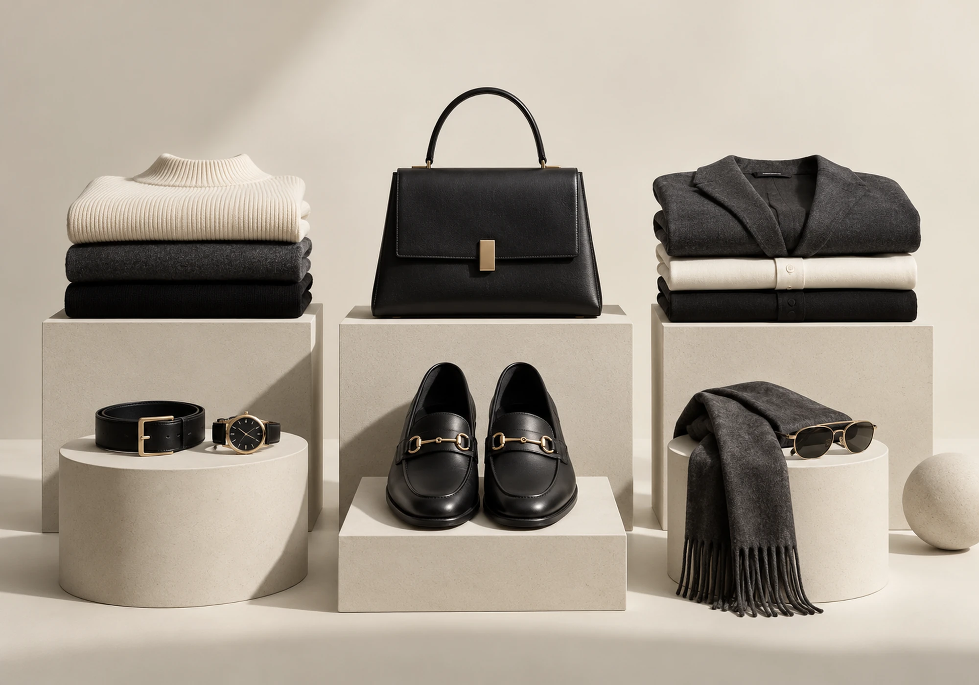 Curated clothing, footwear, handbag and accessories displayed as a modern wardrobe collection