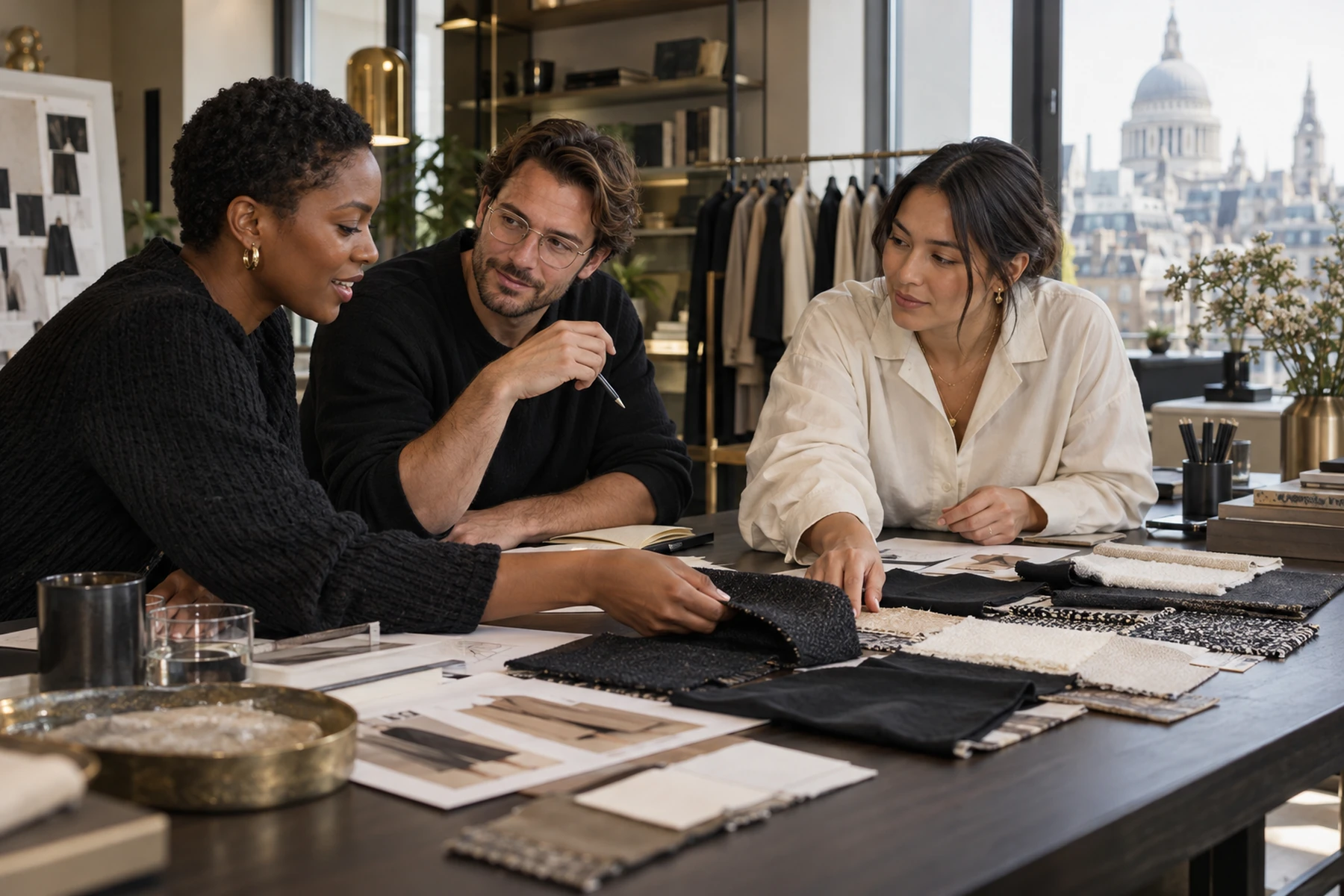 Three fashion trading professionals reviewing samples together in a London workspace